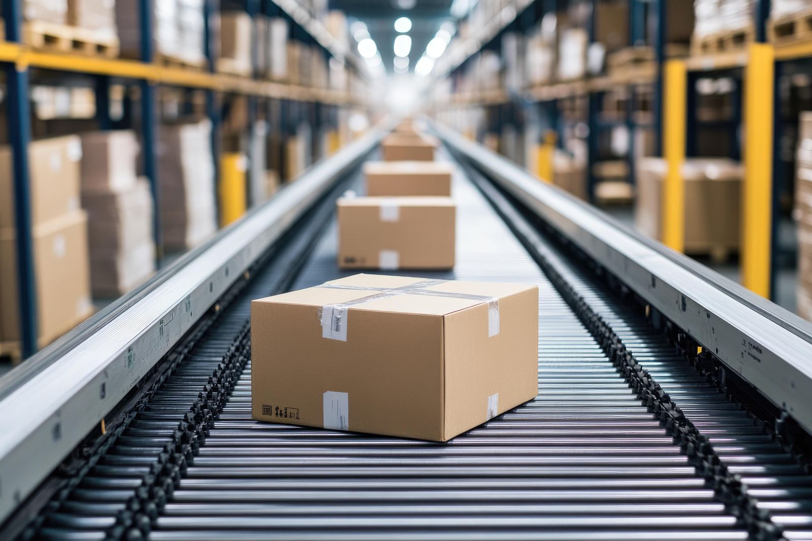 Parcels on a fulfilment conveyor - illustrative