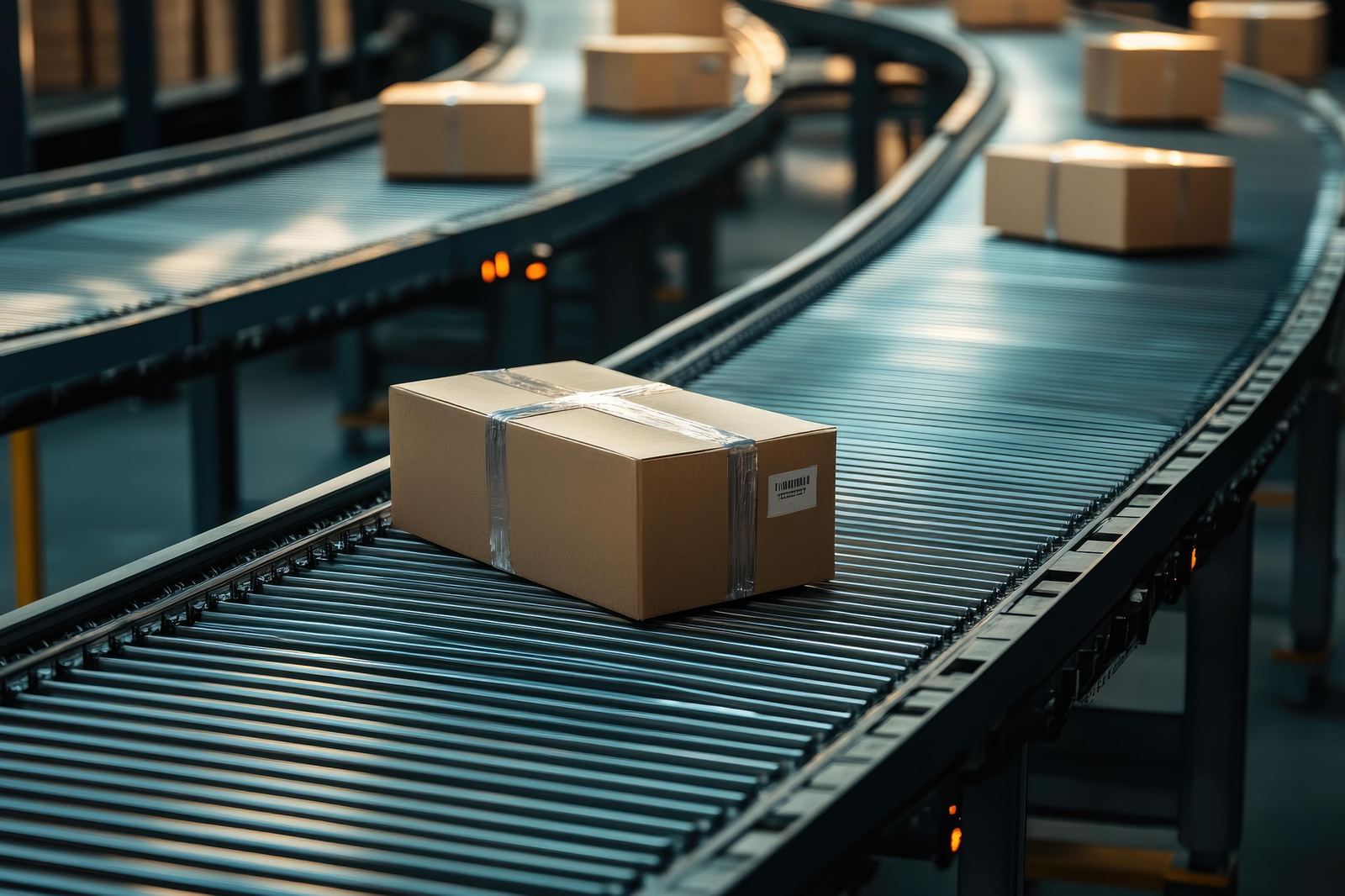 Parcels on a fulfilment conveyor - illustrative